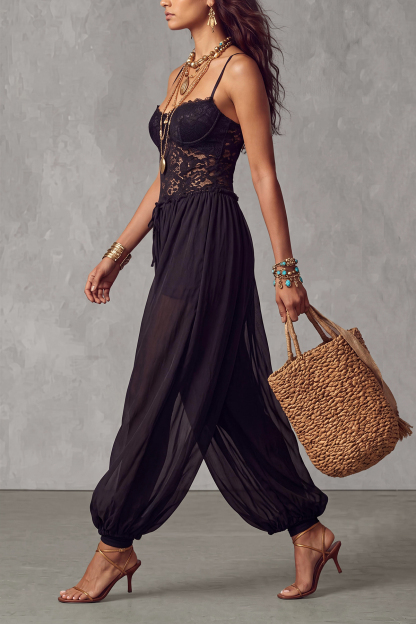 Lyvane Spaghetti Lace Chiffon Jumpsuit