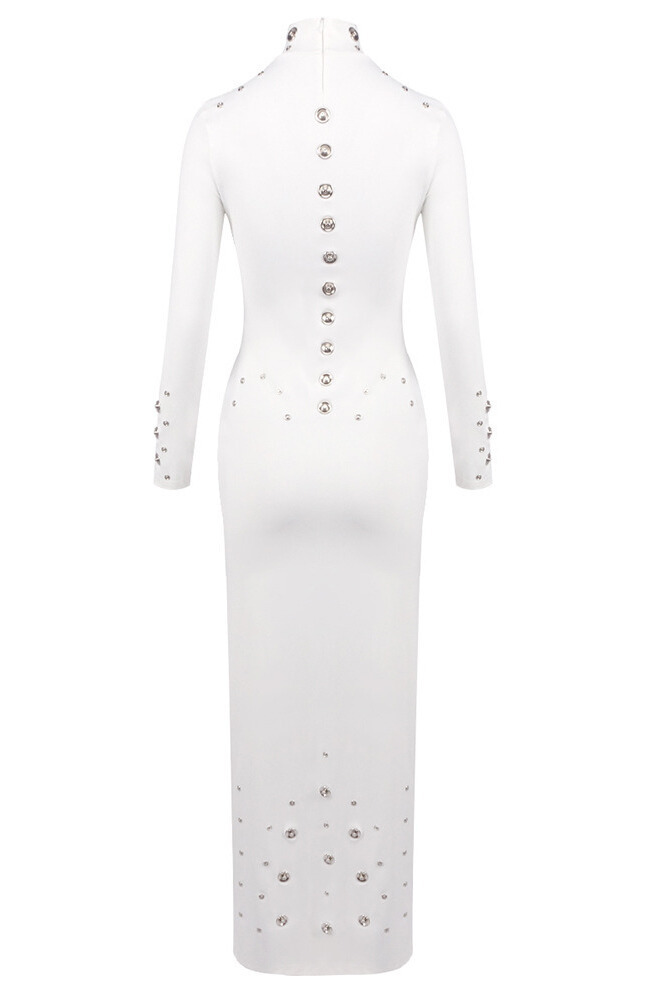 Xanthe High Neck Metal Riveted Maxi Dress In White