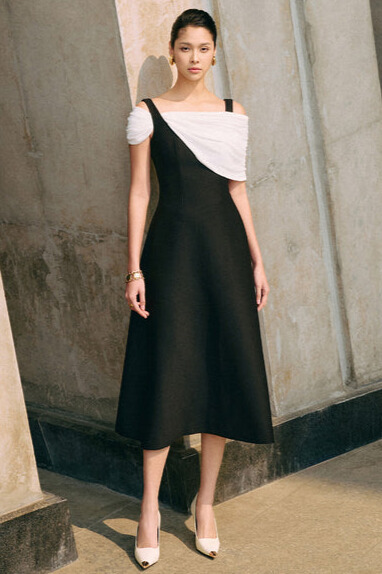 Damaris Asymmetric Shoulder Midi Dress