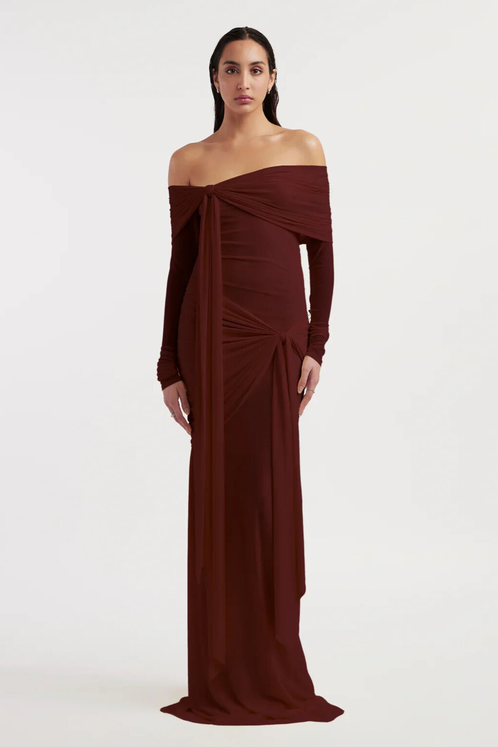 Tinsley Off Shoulder Twisted Draped Maxi Dress In Wine