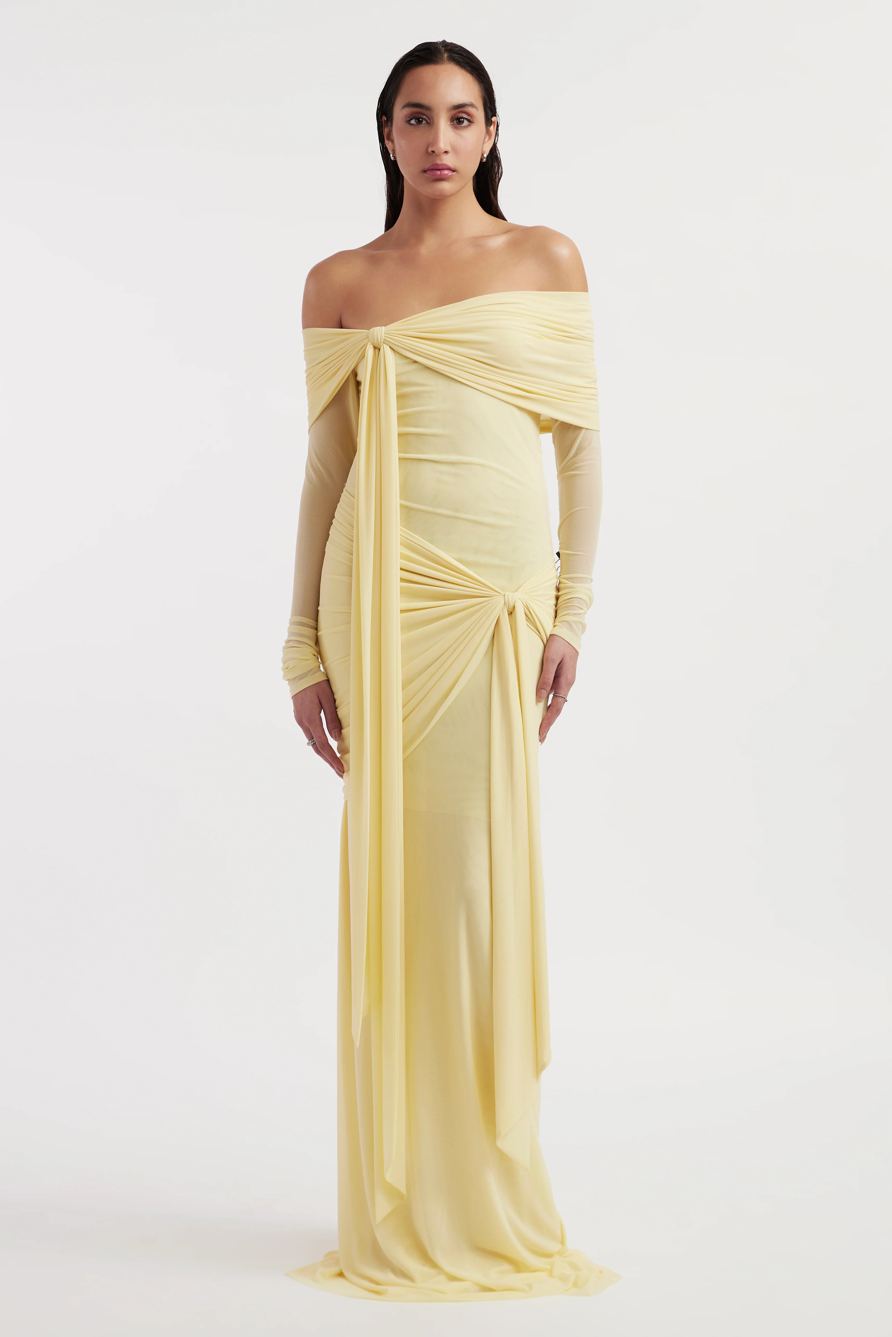 Tinsley Off Shoulder Twisted Draped Maxi Dress In Yellow