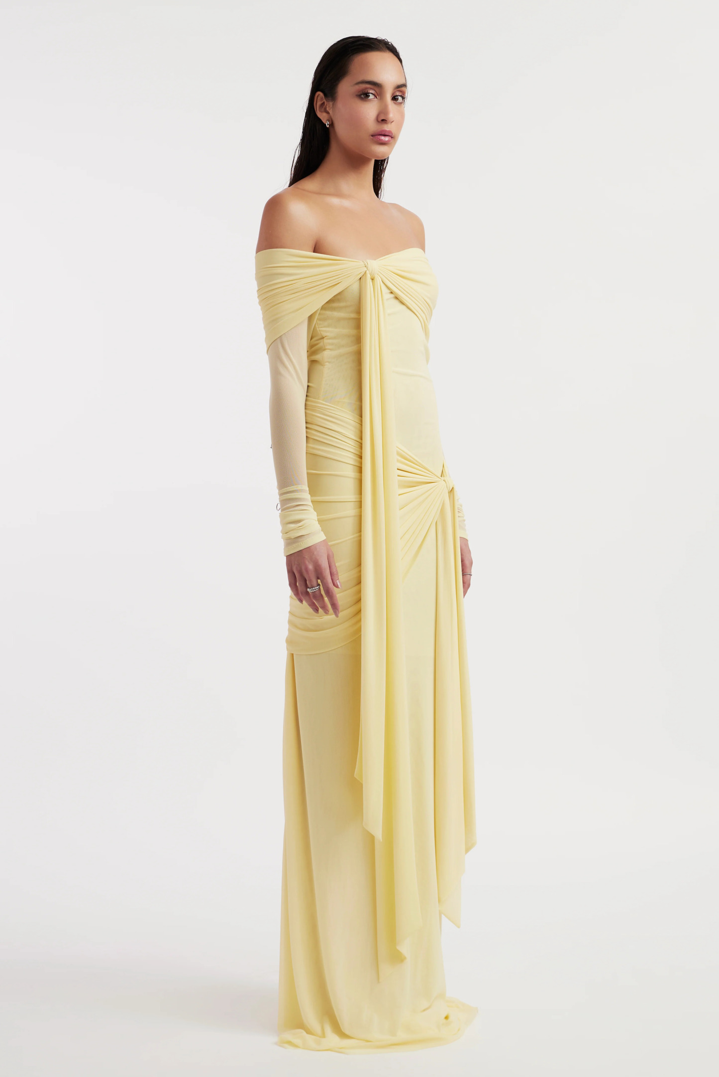 Tinsley Off Shoulder Twisted Draped Maxi Dress In Yellow