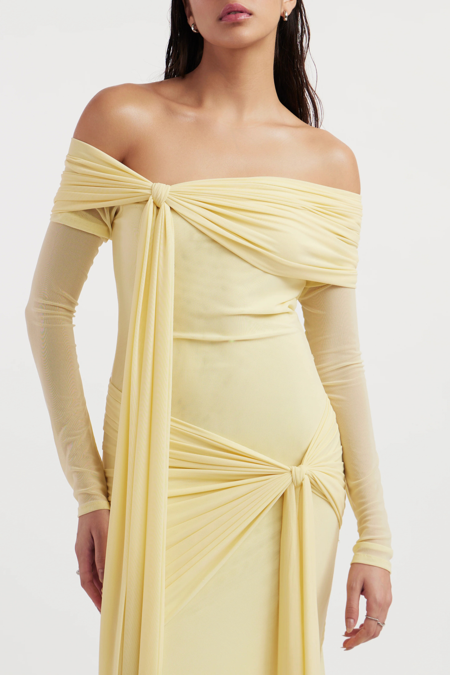 Tinsley Off Shoulder Twisted Draped Maxi Dress In Yellow