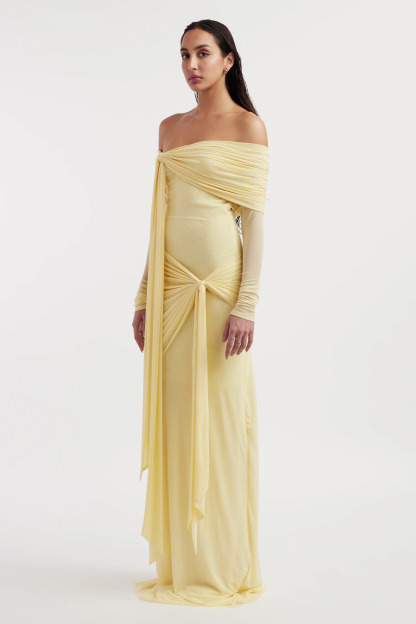 Tinsley Off Shoulder Twisted Draped Maxi Dress In Yellow