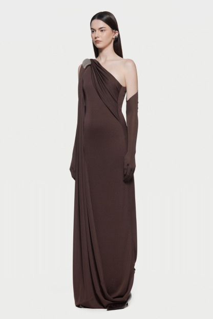 Kindra Asymmetric Shoulder Draped Maxi Dress In Brown