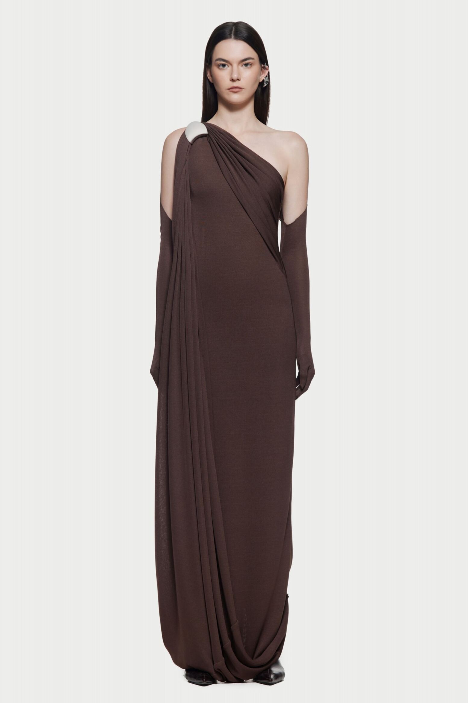Kindra Asymmetric Shoulder Draped Maxi Dress In Brown