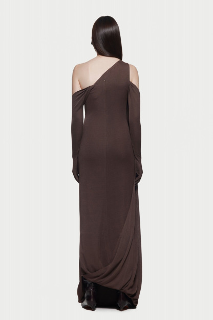 Kindra Asymmetric Shoulder Draped Maxi Dress In Brown