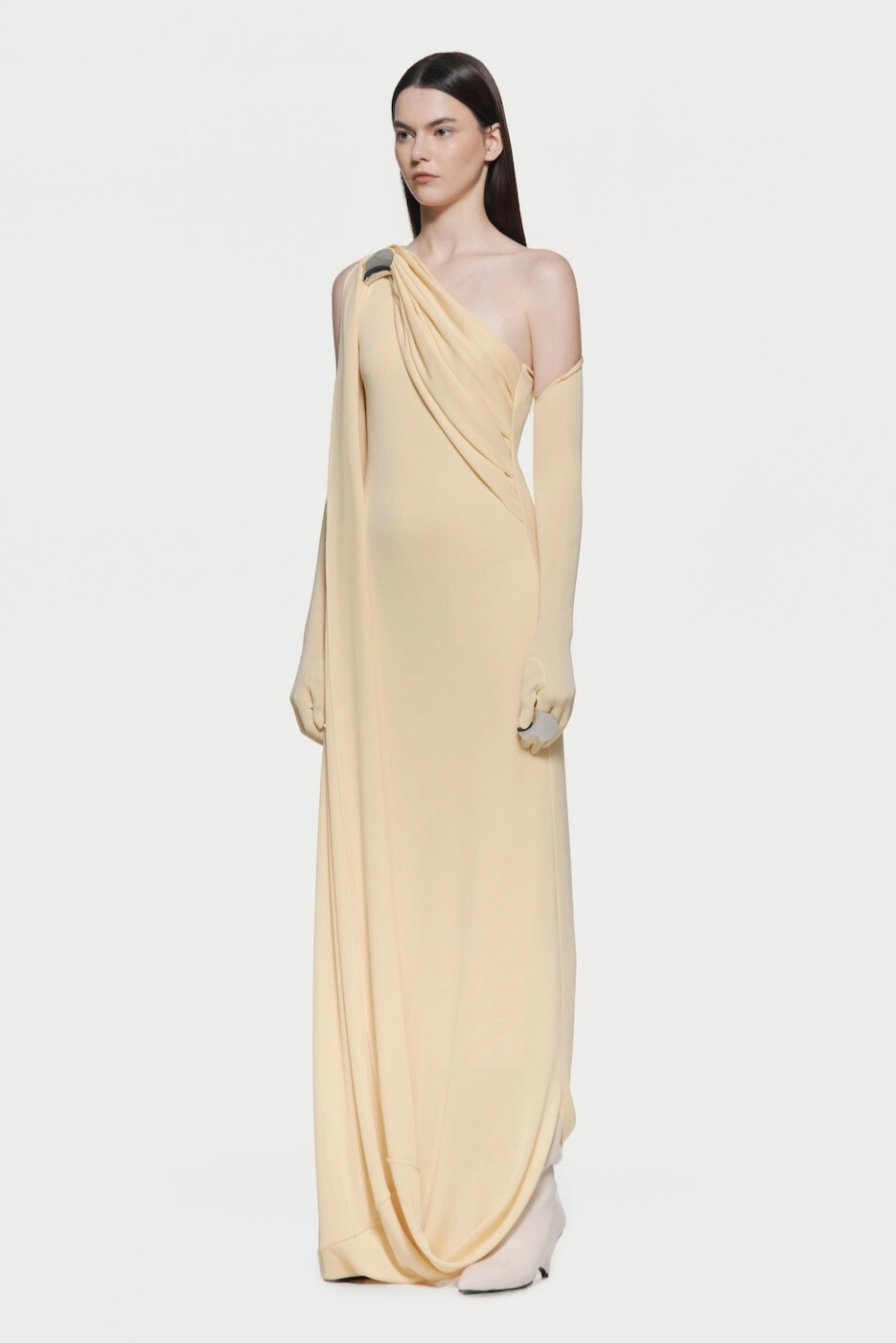 Kindra Asymmetric Shoulder Draped Maxi Dress In Yellow