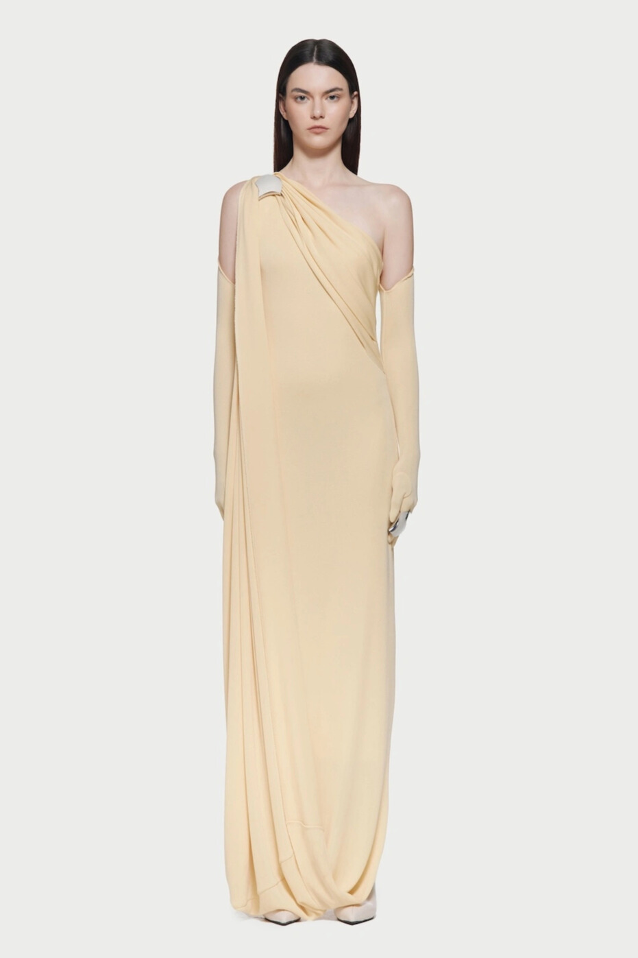 Kindra Asymmetric Shoulder Draped Maxi Dress In Yellow