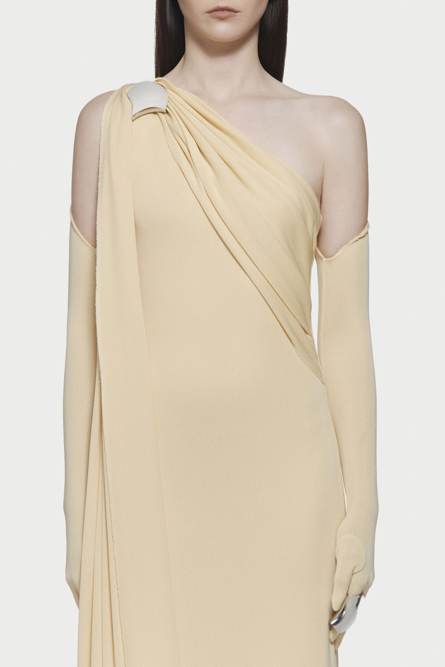 Kindra Asymmetric Shoulder Draped Maxi Dress In Yellow