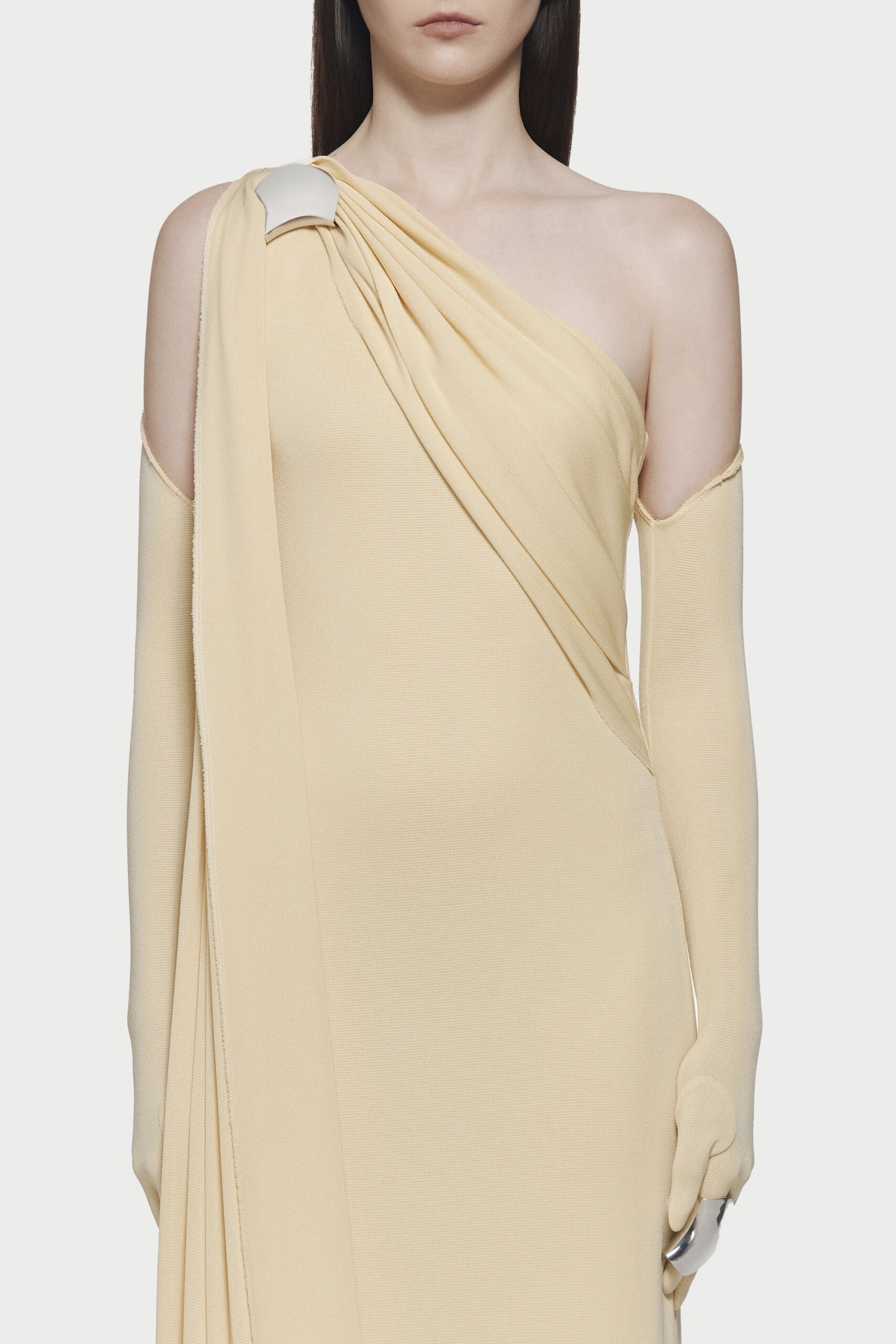 Kindra Asymmetric Shoulder Draped Maxi Dress In Yellow