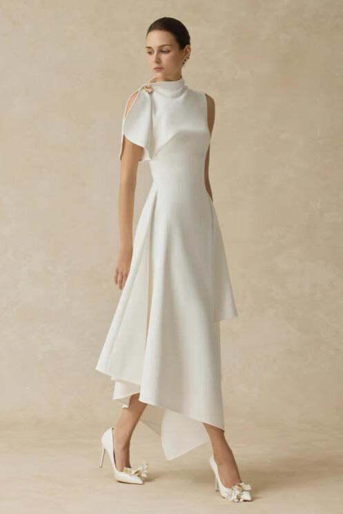 Zyla High Neck Asymmetric High Low Dress In White