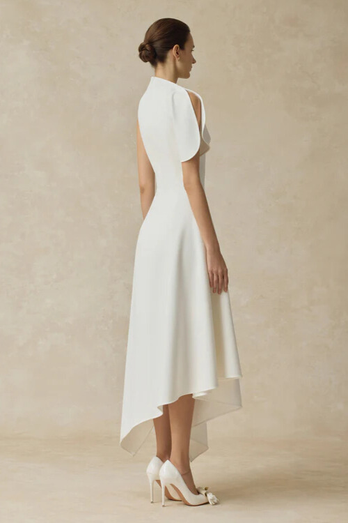 Zyla High Neck Asymmetric High Low Dress In White