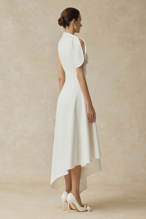 Zyla High Neck Asymmetric High Low Dress In White