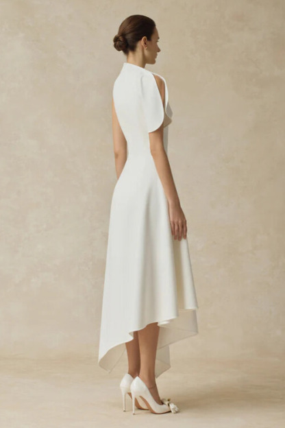 Zyla High Neck Asymmetric High Low Dress In White