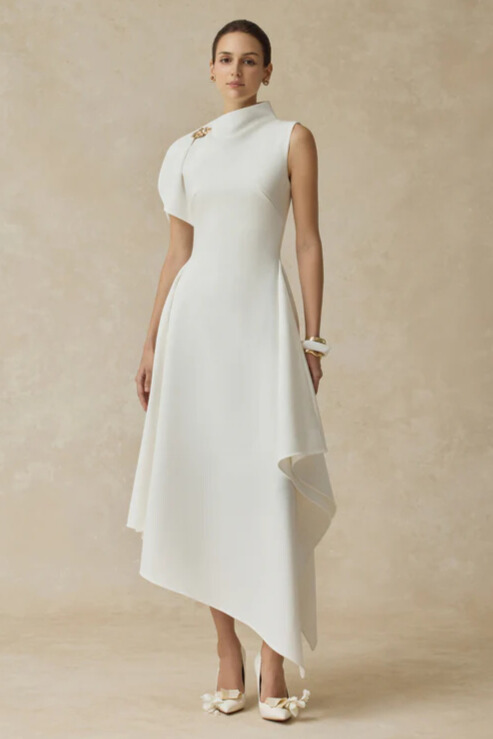 Zyla High Neck Asymmetric High Low Dress In White