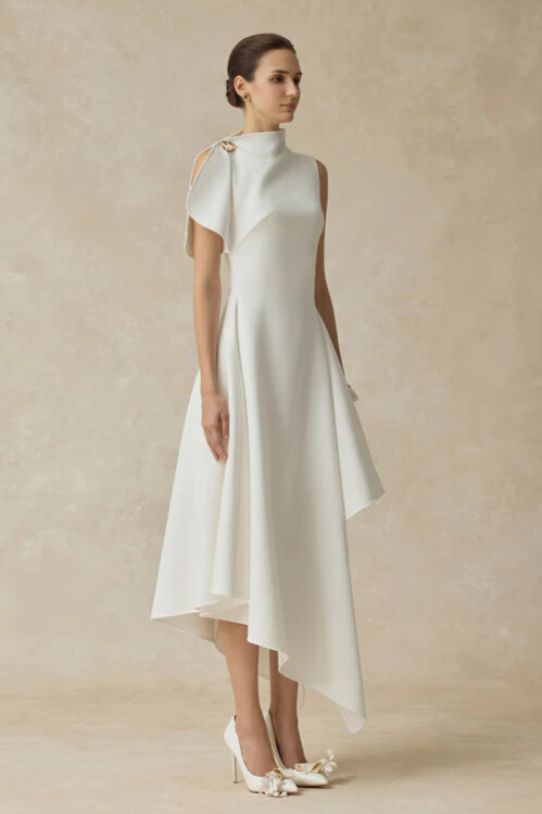 Zyla High Neck Asymmetric High Low Dress In White