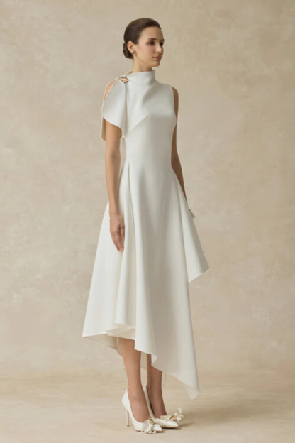 Zyla High Neck Asymmetric High Low Dress In White
