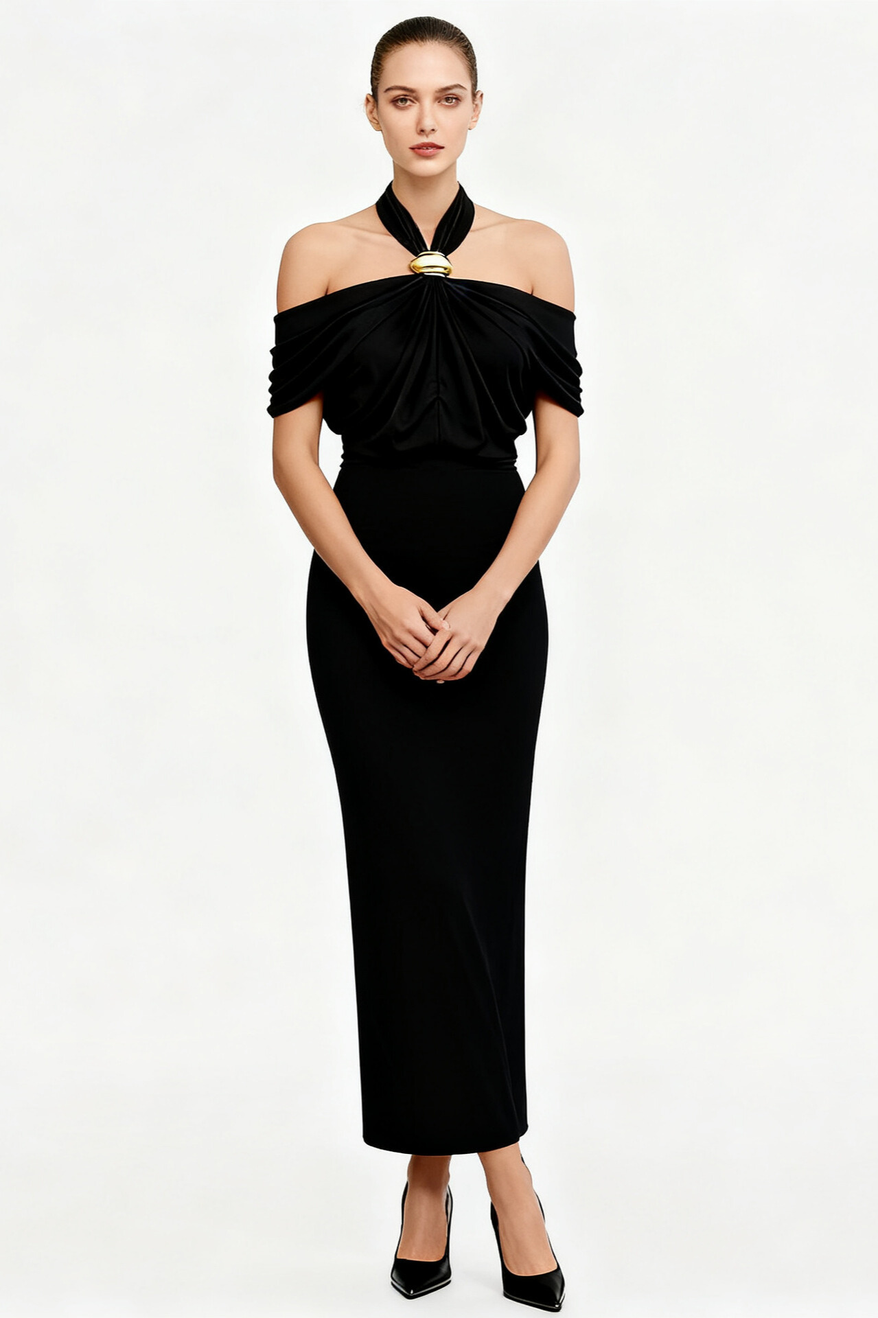 Estelle Halterneck Draped Maxi Dress In Black