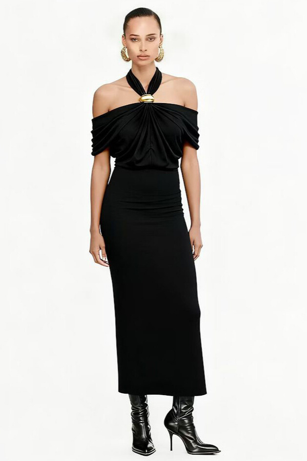 Estelle Halterneck Draped Maxi Dress In Black