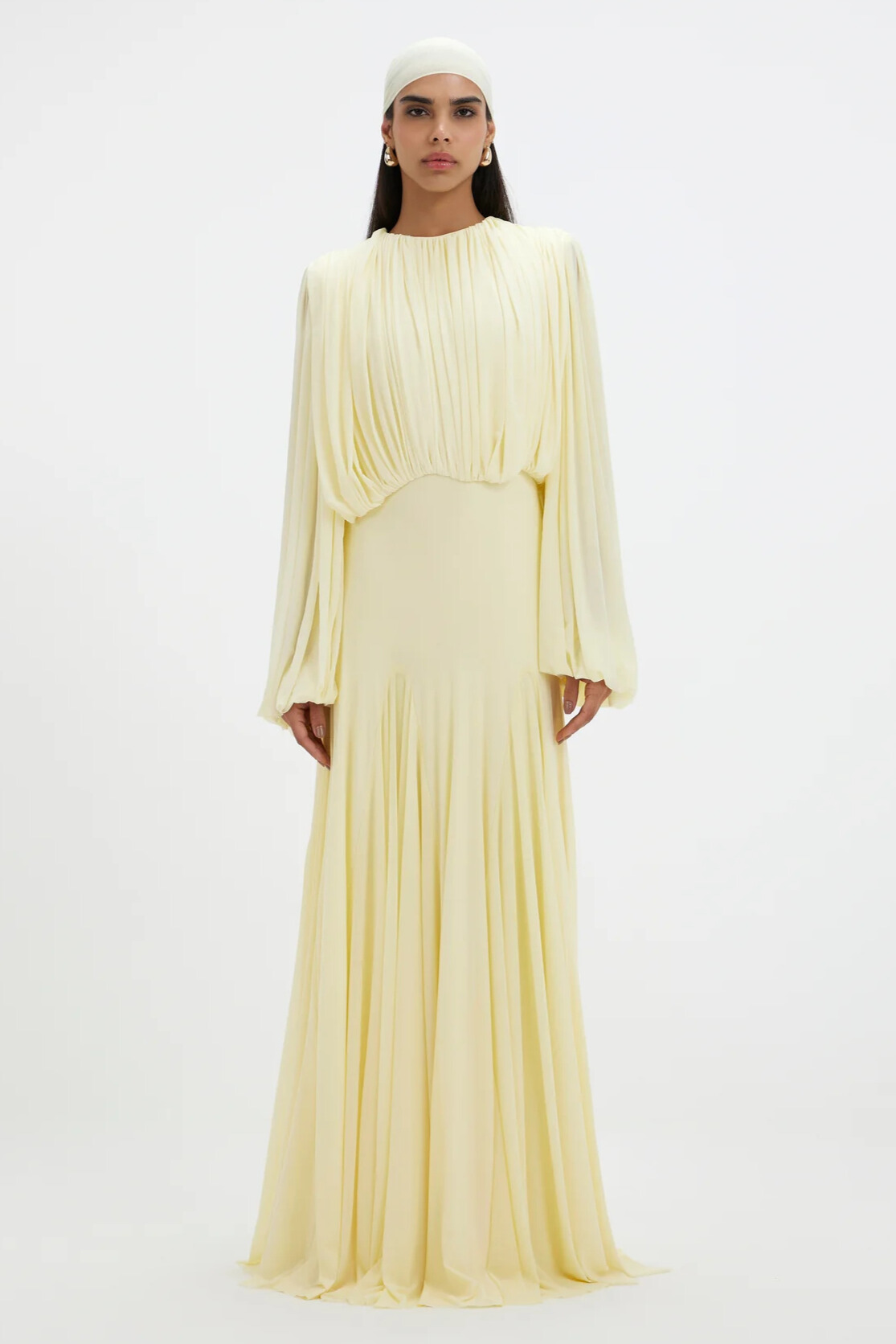 Elowen Long Sleeve Ruched Draped Maxi Dress In Yellow
