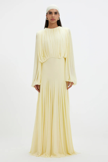 Elowen Long Sleeve Ruched Draped Maxi Dress In Yellow