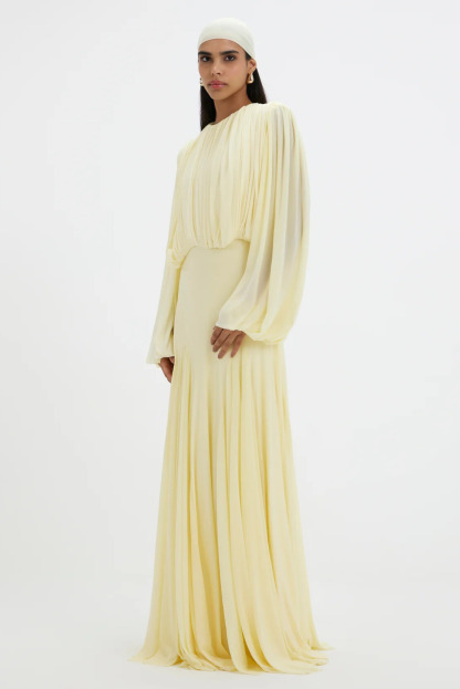 Elowen Long Sleeve Ruched Draped Maxi Dress In Yellow