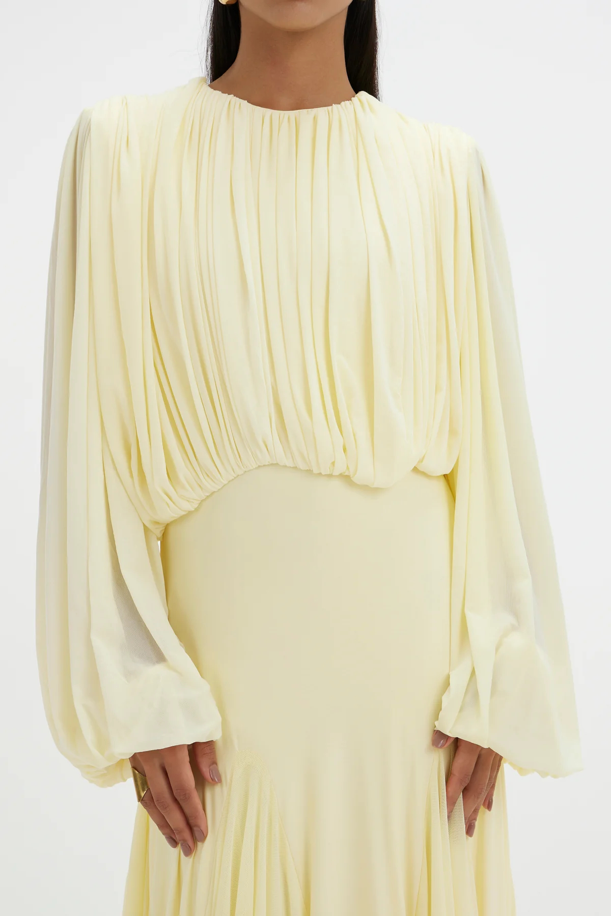 Elowen Long Sleeve Ruched Draped Maxi Dress In Yellow
