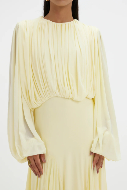 Elowen Long Sleeve Ruched Draped Maxi Dress In Yellow