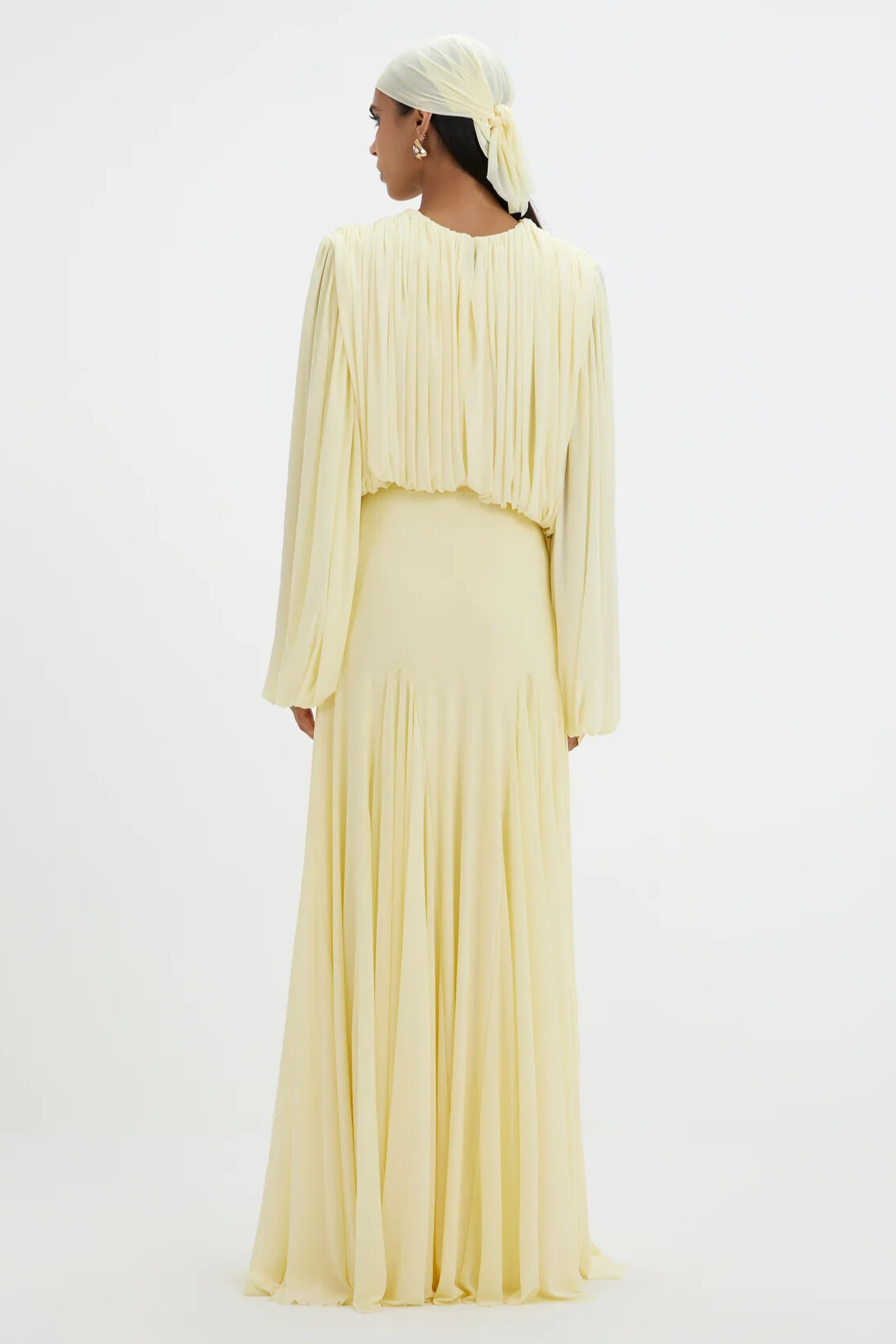 Elowen Long Sleeve Ruched Draped Maxi Dress In Yellow