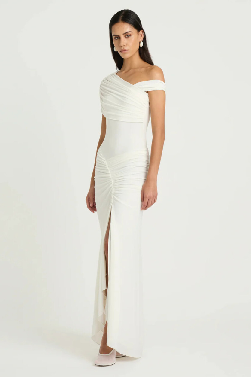 Ensely Asymmetric Shoulder Ruched Split Maxi Dress In White