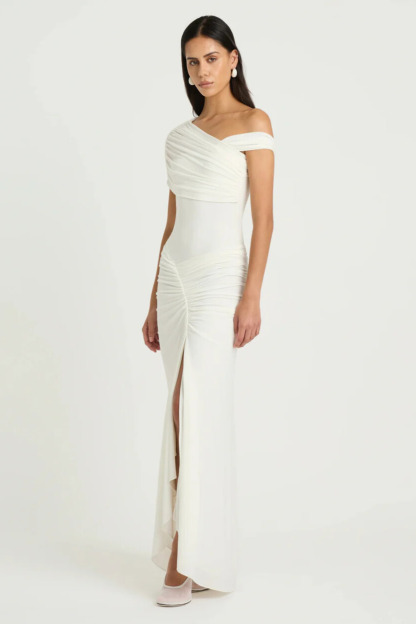 Ensely Asymmetric Shoulder Ruched Split Maxi Dress In White