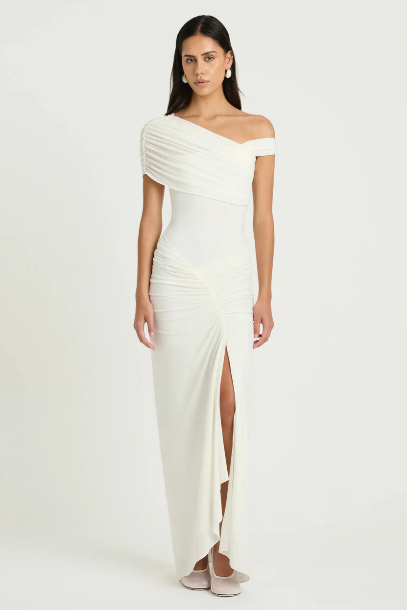 Ensely Asymmetric Shoulder Ruched Split Maxi Dress In White