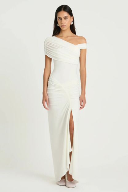 Ensely Asymmetric Shoulder Ruched Split Maxi Dress In White