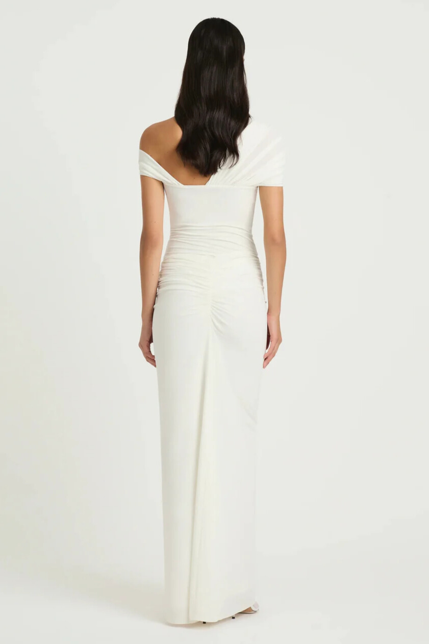 Ensely Asymmetric Shoulder Ruched Split Maxi Dress In White