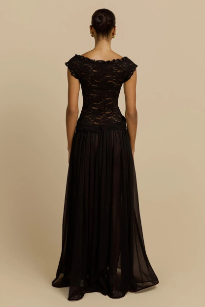 Liola V Neck Lace Ruched Maxi Dress In Black