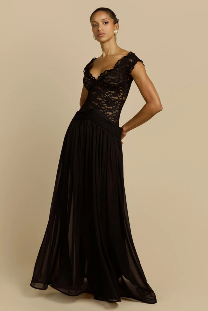 Liola V Neck Lace Ruched Maxi Dress In Black