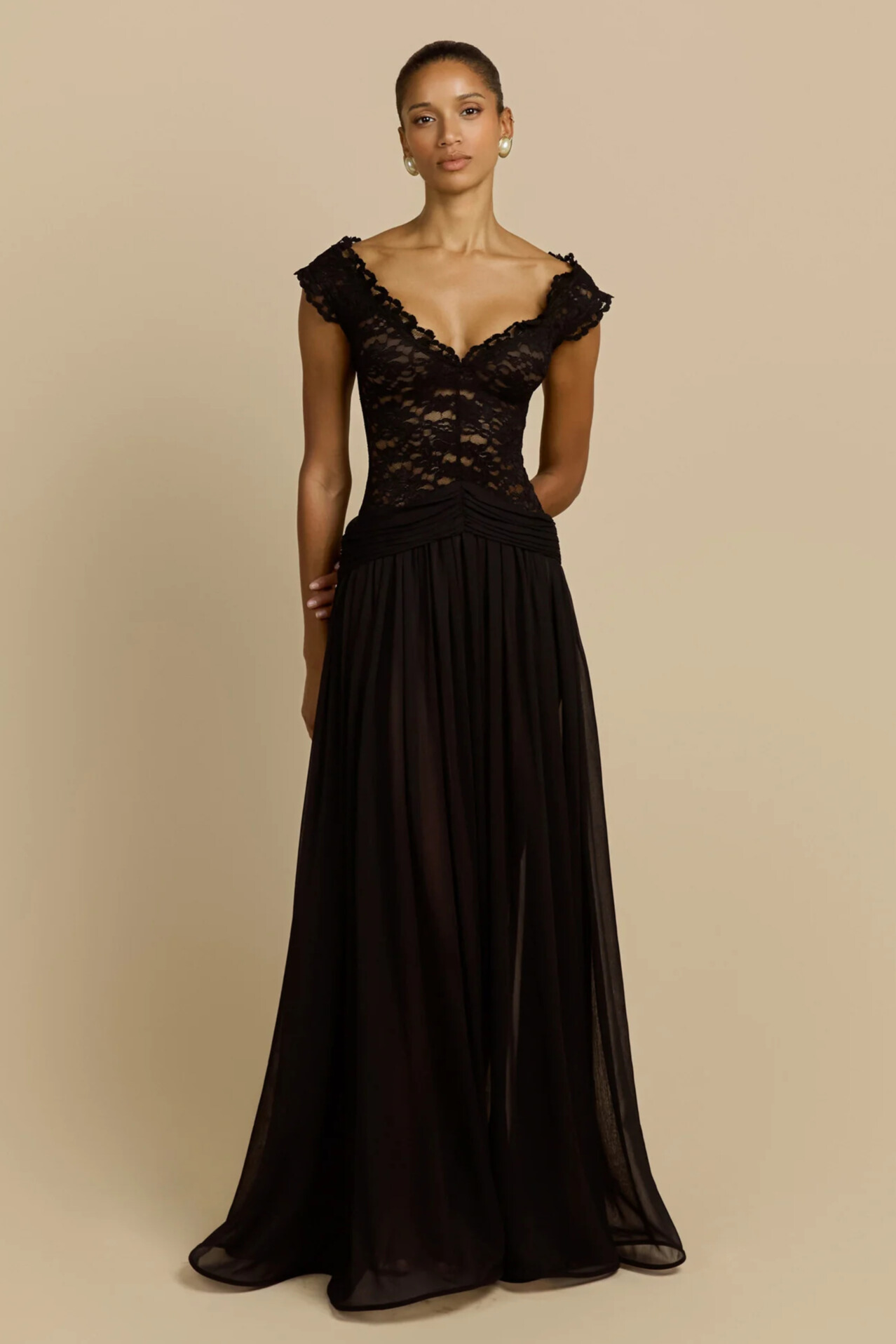 Liola V Neck Lace Ruched Maxi Dress In Black