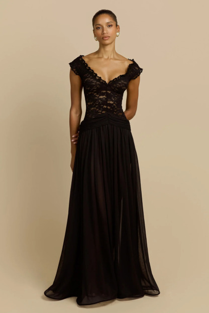 Liola V Neck Lace Ruched Maxi Dress In Black