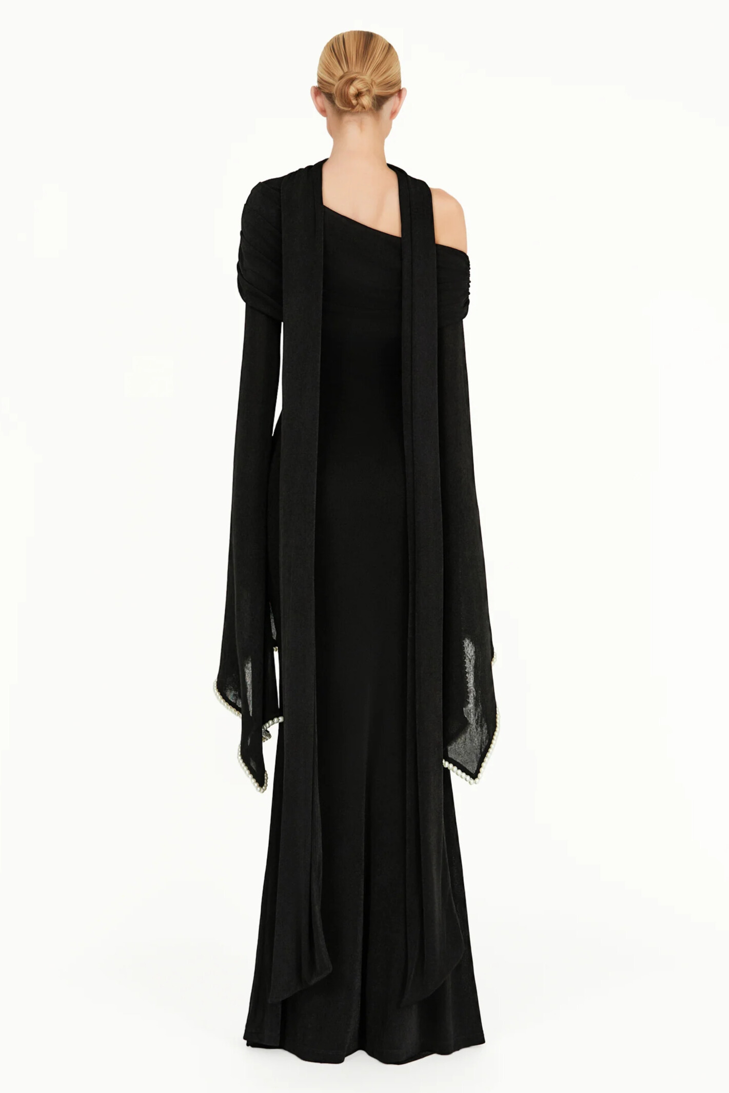 Sierra Long Draped Embellished Sleeve Maxi Dress In Black