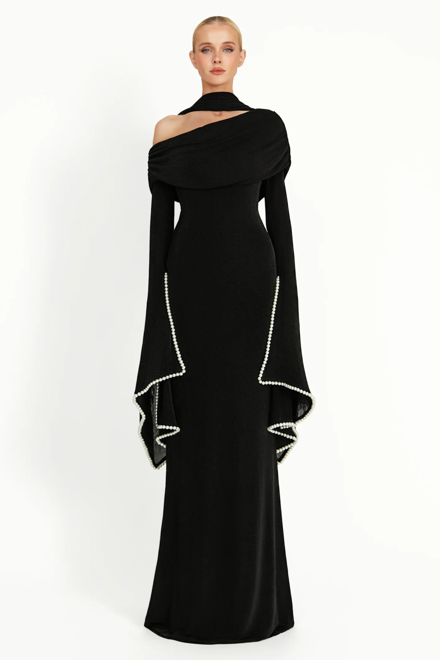 Sierra Long Draped Embellished Sleeve Maxi Dress In Black