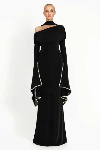 Sierra Long Draped Embellished Sleeve Maxi Dress In Black