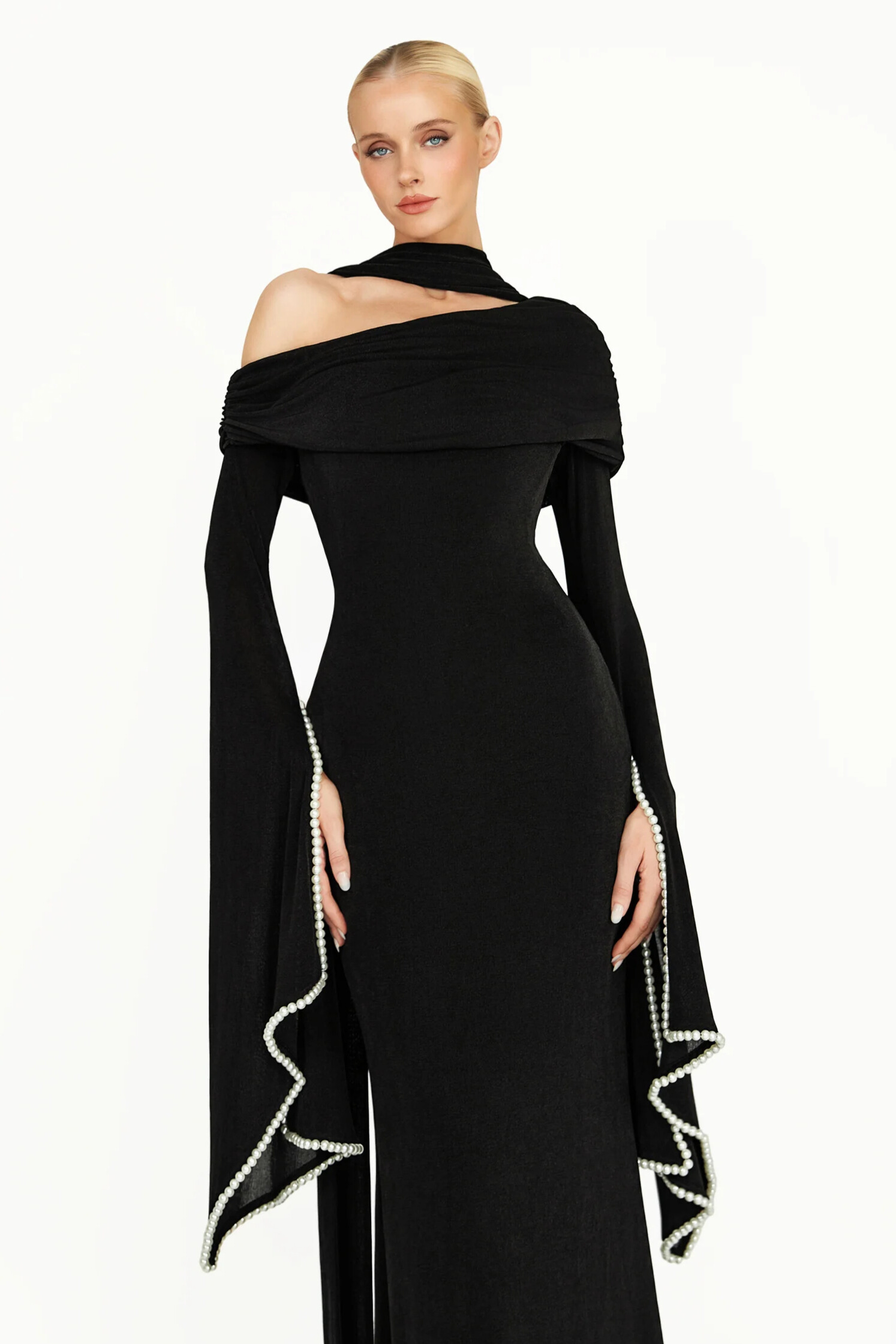 Sierra Long Draped Embellished Sleeve Maxi Dress In Black