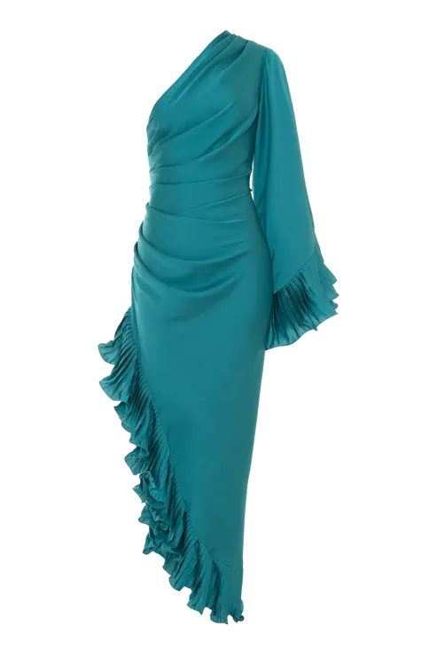 Jinelle Asymmetric Shoulder Satin Maxi Dress In Blue