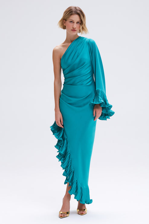 Jinelle Asymmetric Shoulder Satin Maxi Dress In Blue