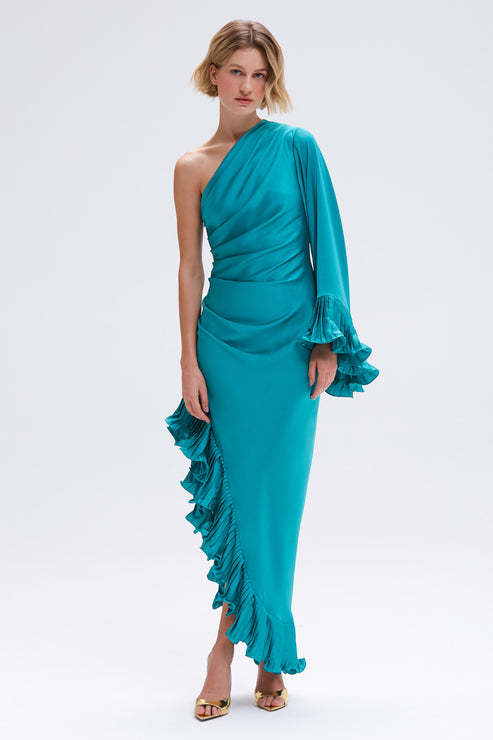 Jinelle Asymmetric Shoulder Satin Maxi Dress In Blue