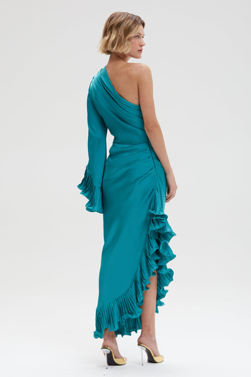 Jinelle Asymmetric Shoulder Satin Maxi Dress In Blue