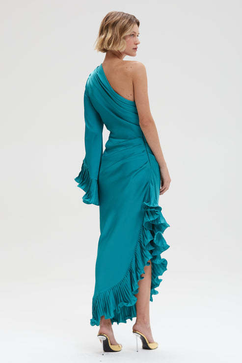 Jinelle Asymmetric Shoulder Satin Maxi Dress In Blue