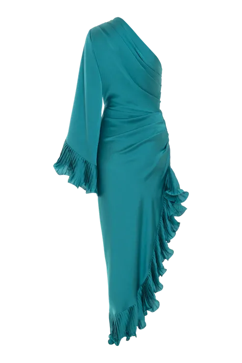 Jinelle Asymmetric Shoulder Satin Maxi Dress In Blue