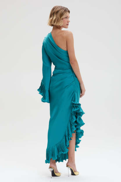 Jinelle Asymmetric Shoulder Satin Maxi Dress In Blue